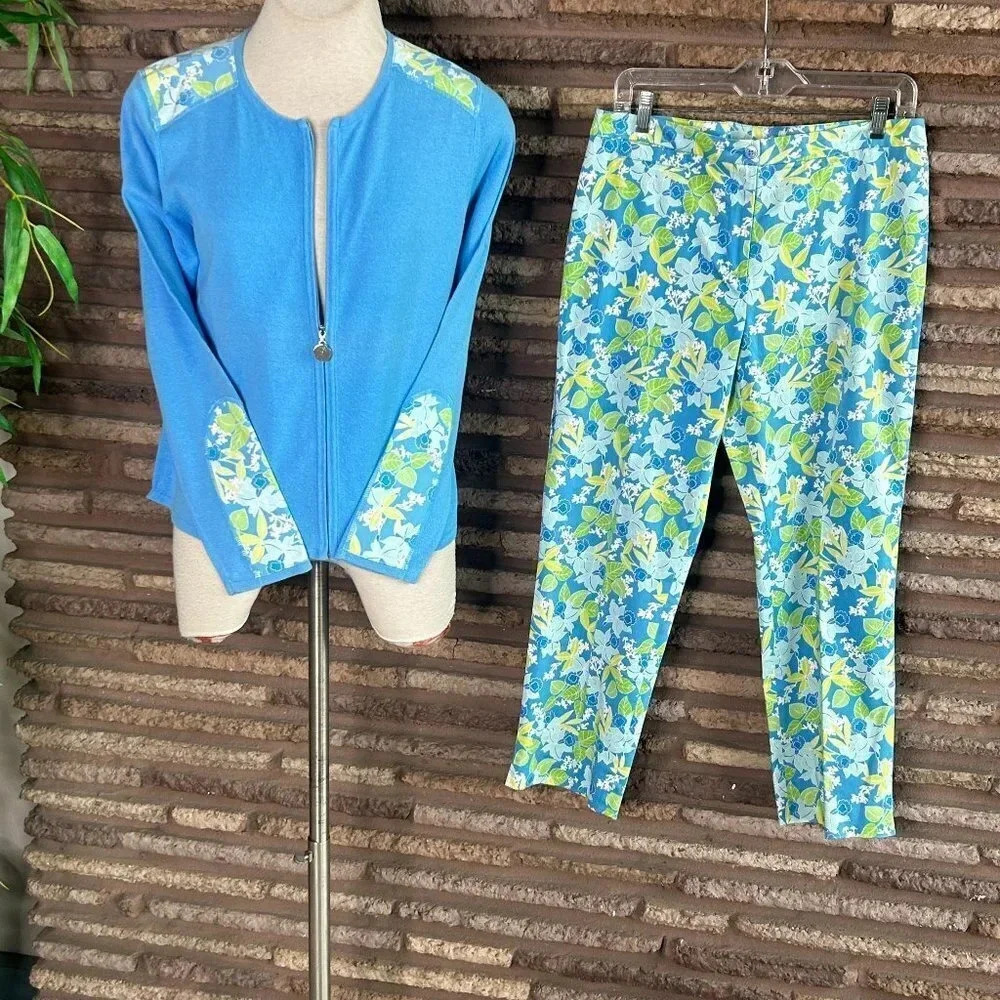Doncaster Hawaiian Orchid Floral Cardigan Sweater and Side Zip Cropped Pants - Picture 1 of 7